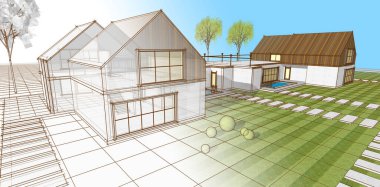 ev mimarisi çizimi 3d illüstrasyon