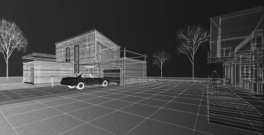ev mimarisi çizimi 3d illüstrasyon