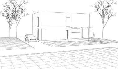 Kasaba mimarisi çizimi 3D illüstrasyon