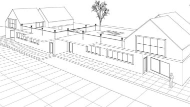 Kasaba mimarisi çizimi 3D illüstrasyon