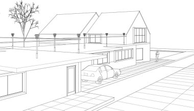 Kasaba mimarisi çizimi 3D illüstrasyon