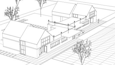 Kasaba mimarisi çizimi 3D illüstrasyon