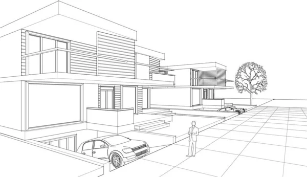 抽象的な現代の家の3Dレンダリング — ストックベクタ