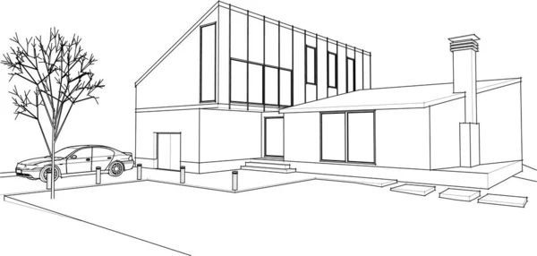 タウンハウスの建築スケッチ3Dイラスト — ストックベクタ