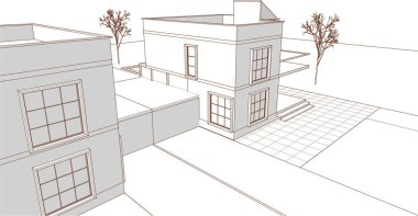 Kasaba mimarisi çizimi 3D illüstrasyon