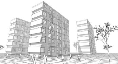 soyut modern mimari modüler cephe 3D illüstrasyon