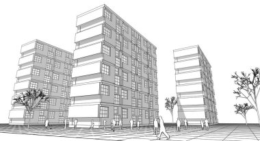 soyut modern mimari modüler cephe 3D illüstrasyon