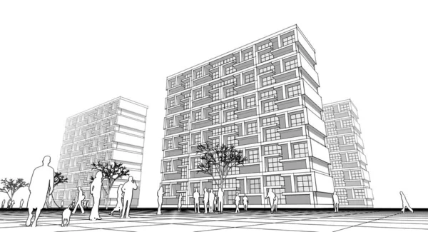 soyut modern mimari modüler cephe 3D illüstrasyon