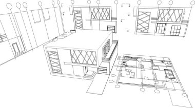 ev mimarisi projesi çizimi 3d illüstrasyon