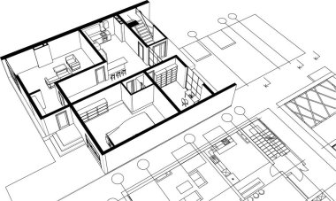 ev mimarisi projesi çizimi 3d illüstrasyon