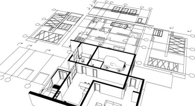 ev mimarisi projesi çizimi 3d illüstrasyon