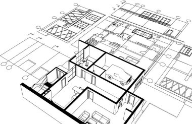 ev mimarisi projesi çizimi 3d illüstrasyon