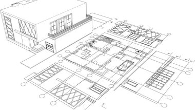 ev mimarisi projesi çizimi 3d illüstrasyon
