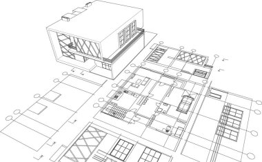 ev mimarisi projesi çizimi 3d illüstrasyon