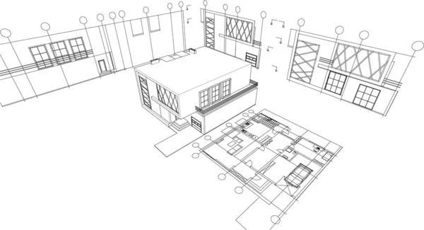 Haus Architektonische Projekt Skizze Illustration — Stockvektor