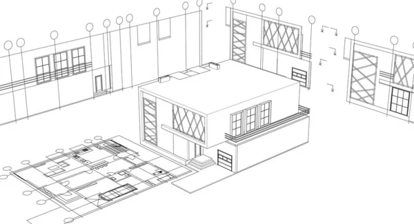 家の建築プロジェクトスケッチ3Dイラスト — ストックベクタ