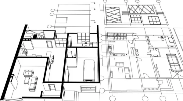 Hus Arkitektur Projekt Skiss Illustration — Stock vektor