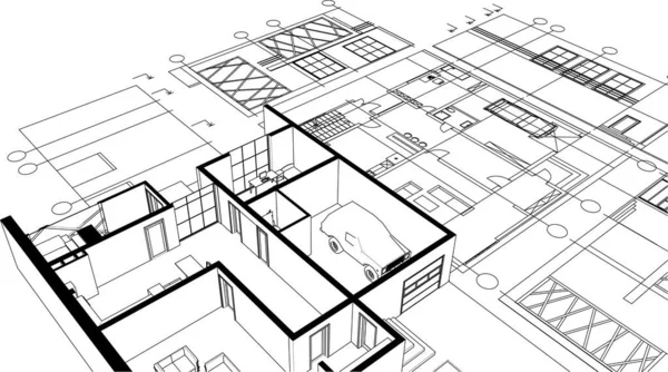 Casa Projeto Arquitetônico Esboço Ilustração — Vetor de Stock