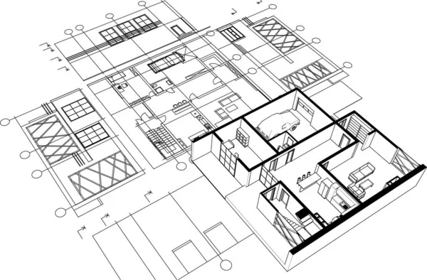 Casa Proyecto Arquitectónico Boceto Ilustración — Vector de stock