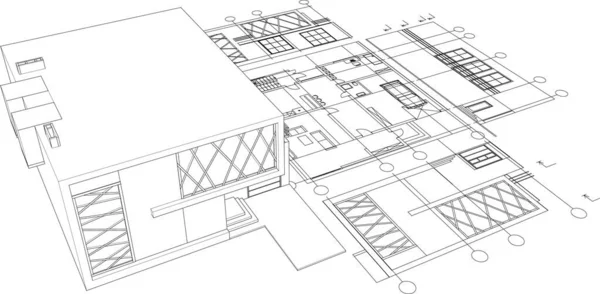 家の建築プロジェクトスケッチ3Dイラスト — ストックベクタ