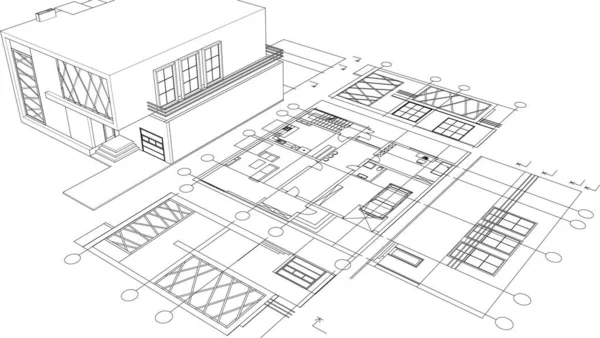 家の建築プロジェクトスケッチ3Dイラスト — ストックベクタ