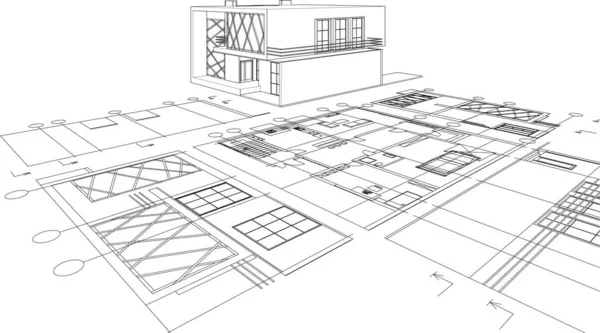 Hus Arkitektur Projekt Skiss Illustration — Stock vektor