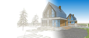 ev mimarisi çizimi 3d illüstrasyon