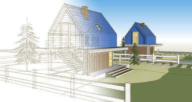 ev mimarisi çizimi 3d illüstrasyon