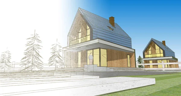 ev mimarisi çizimi 3d illüstrasyon