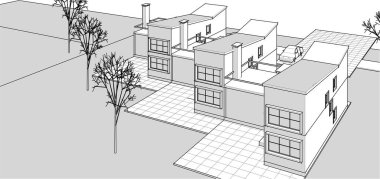 Kasaba mimarisi çizimi 3D illüstrasyon