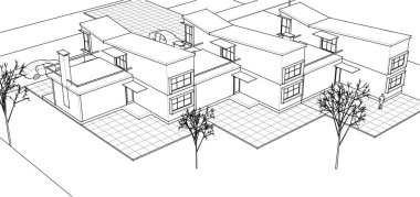 Kasaba mimarisi çizimi 3D illüstrasyon