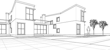 Kasaba mimarisi çizimi 3D illüstrasyon