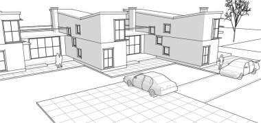 Kasaba mimarisi çizimi 3D illüstrasyon
