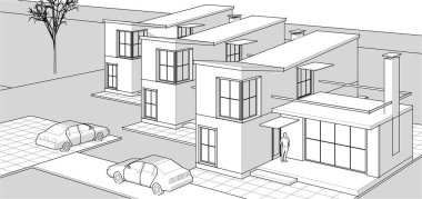 Kasaba mimarisi çizimi 3D illüstrasyon