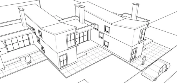 タウンハウスの建築スケッチ3Dイラスト — ストックベクタ