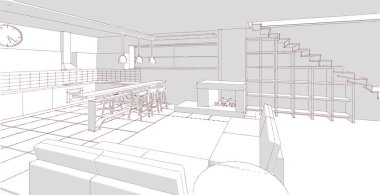 İç mutfak oturma odası 3D görüntü