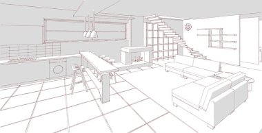 İç mutfak oturma odası 3D görüntü