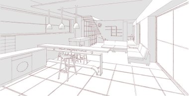 İç mutfak oturma odası 3D görüntü