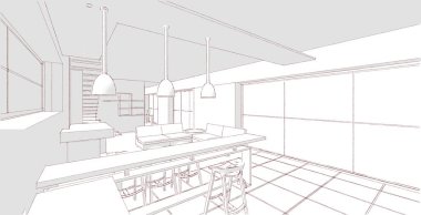 İç mutfak oturma odası 3D görüntü