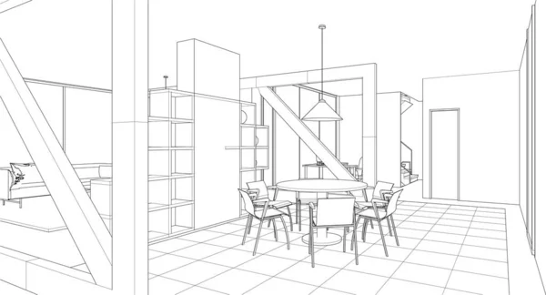 Haus Skizze Innenraum Rendering — Stockvektor