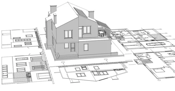 house architectural sketch plan 3d rendering