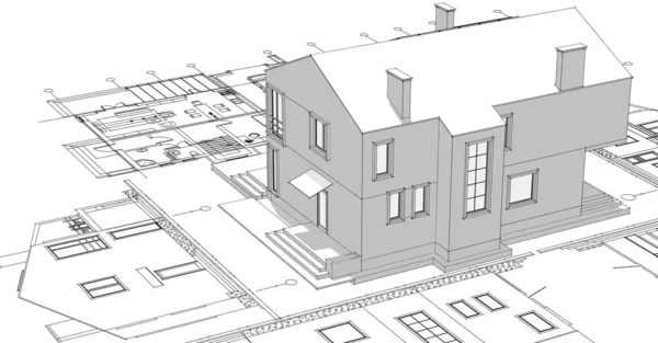 Dom Architektoniczny Szkic Plan Rendering — Zdjęcie stockowe