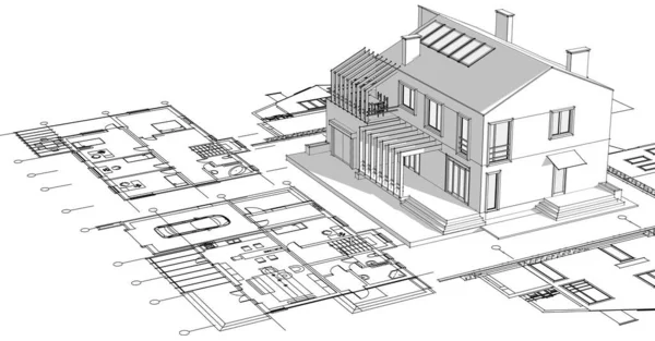 Dům Architektonický Skica Plán Vykreslování — Stock fotografie