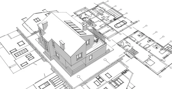 Haus Architektonische Skizze Plan Rendering — Stockfoto