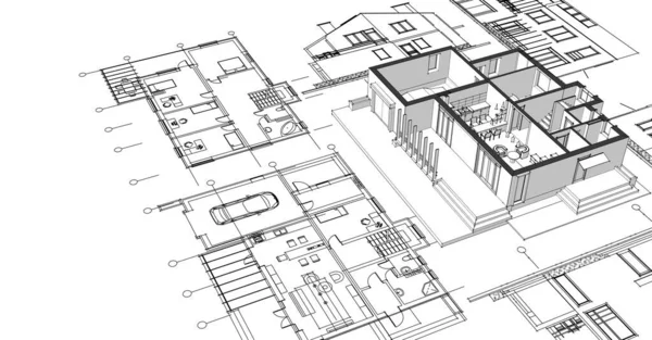 Plano Boceto Arquitectónico Casa Renderizado —  Fotos de Stock