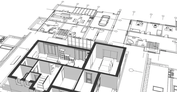 Dom Architektoniczny Szkic Plan Rendering — Zdjęcie stockowe