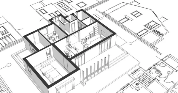 Dom Architektoniczny Szkic Plan Rendering — Zdjęcie stockowe