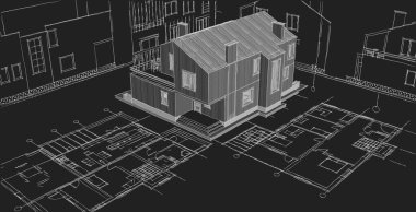 Modern ev mimari projesi çizimi 3D illüstrasyon