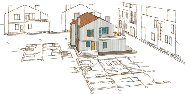 现代房屋建筑草图3D插图 — 图库照片