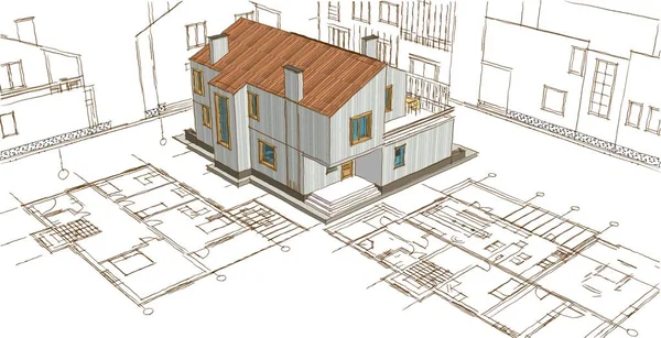 Modernes Haus Architektonisches Projekt Skizze Illustration — Stockfoto